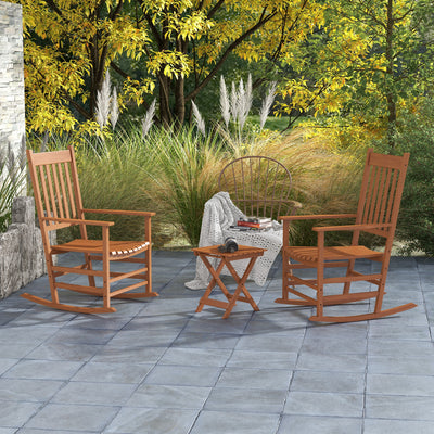 Outdoor Rocking Chair Set of 2 with Side Table, Patio Wooden Rocking Chair with Smooth Armrests, High Back for Garden, Balcony, Porch, Supports Up to 352 lbs.