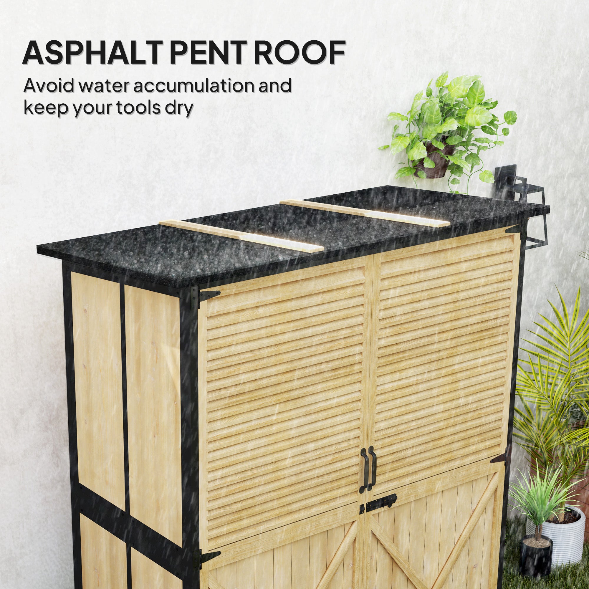 Wood Storage Shed, Outdoor Garden Shed with Asphalt Roof, 2 Shelves, Lockable Doors and Adjustable Feet