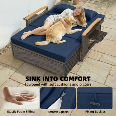 Rattan Outdoor Daybed w/4-Level Adjustable Backrest, Patio Sofa Bed w/Storage Ottoman, Acacia Wood Armrest