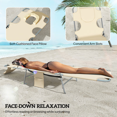 2 Tanning Chairs with Face Hole, 5-Level Adjustable Outdoor Chaise Lounge Chair with Pillow for Beach, Pool