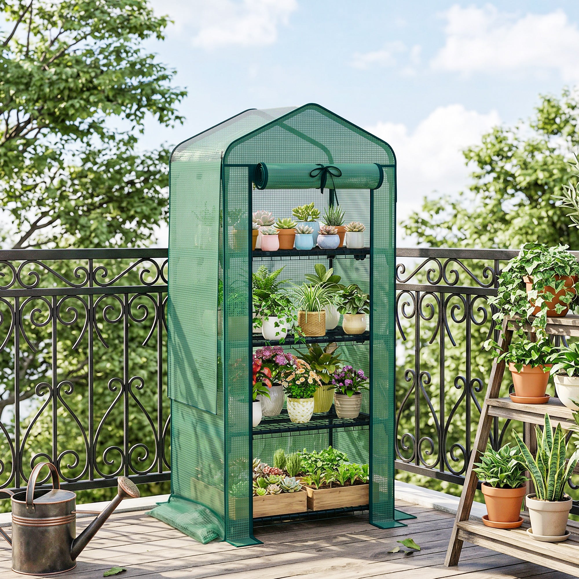 Mini Greenhouse with Screen Roof, 4 Tier Portable Small Greenhouse with High Strength PE Cover