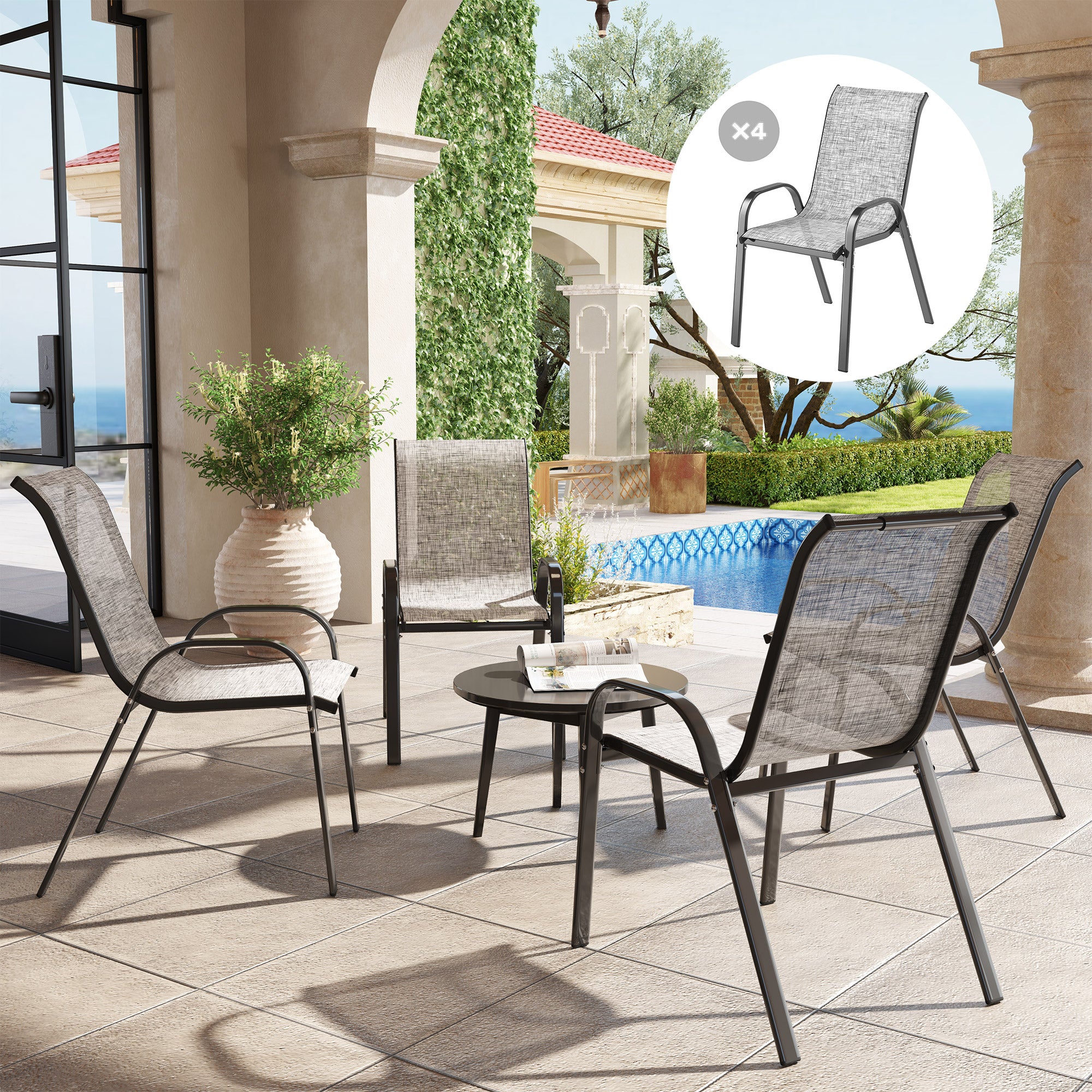 Set of 4 Outdoor Dining Chairs, Stackable Patio Chairs with High Back, Breathable Mesh Seat for Garden Lawn