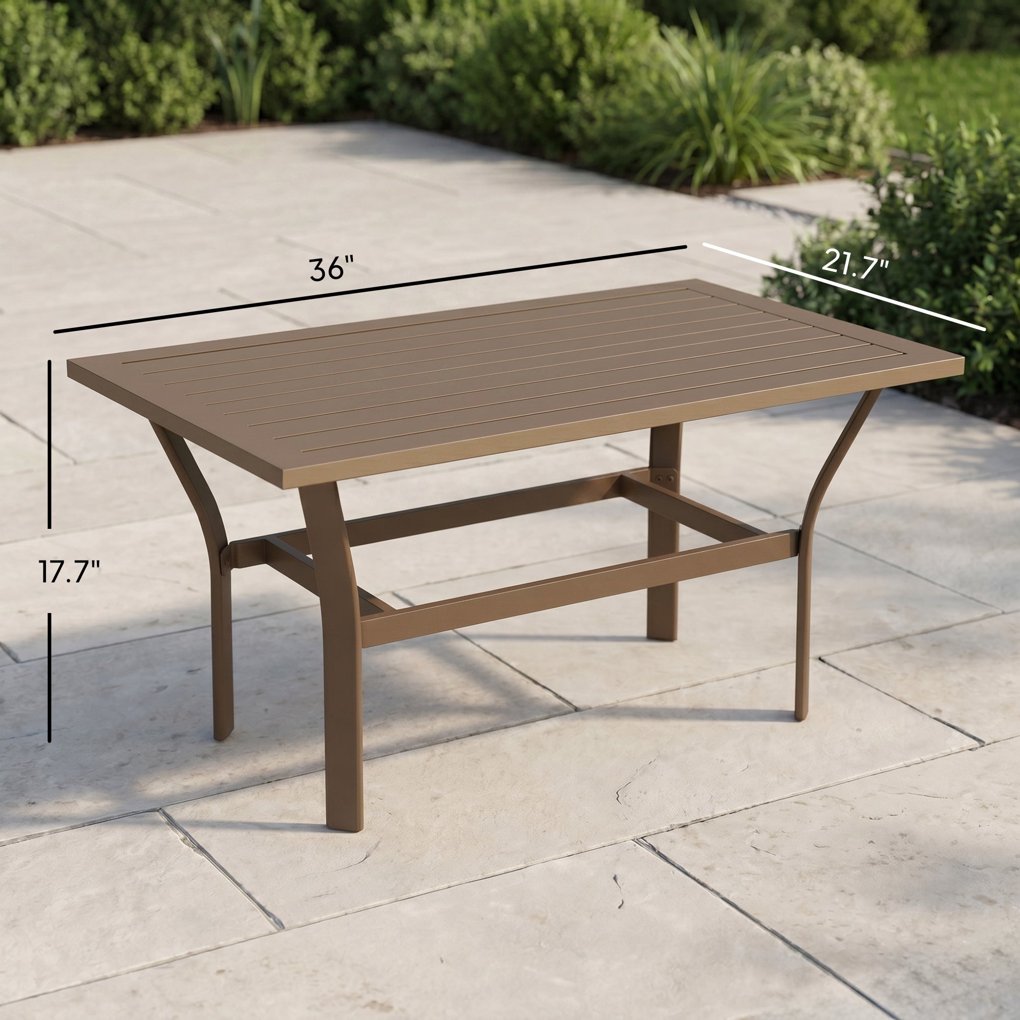 Outdoor Coffee Table with Slatted Tabletop, All-Weather Rectangle Metal Patio Coffee Table for Garden
