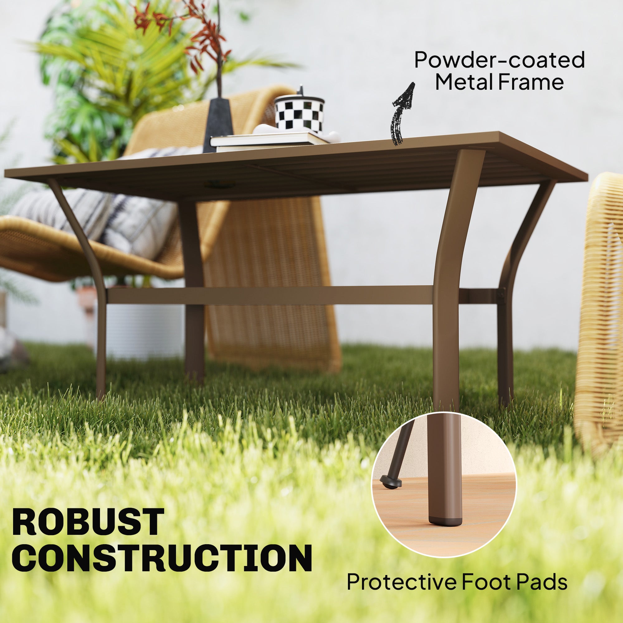 Outdoor Coffee Table with Slatted Tabletop, All-Weather Rectangle Metal Patio Coffee Table for Garden