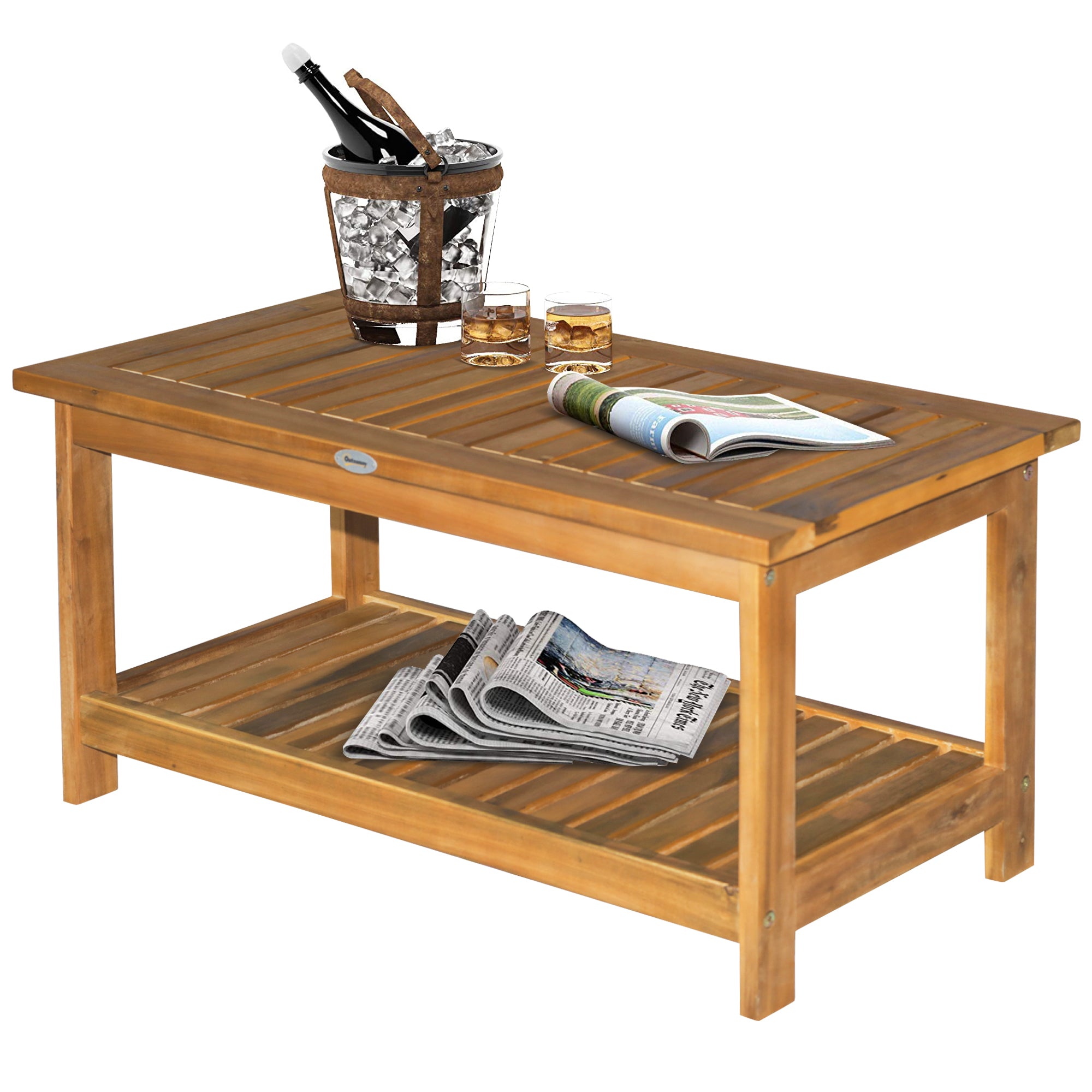 36" Outdoor Coffee Table 2-Shelf Acacia Wood Rectangular Buffet Storage Organizer Natural Finish Teak Patio, Deck, Lawn, Garden