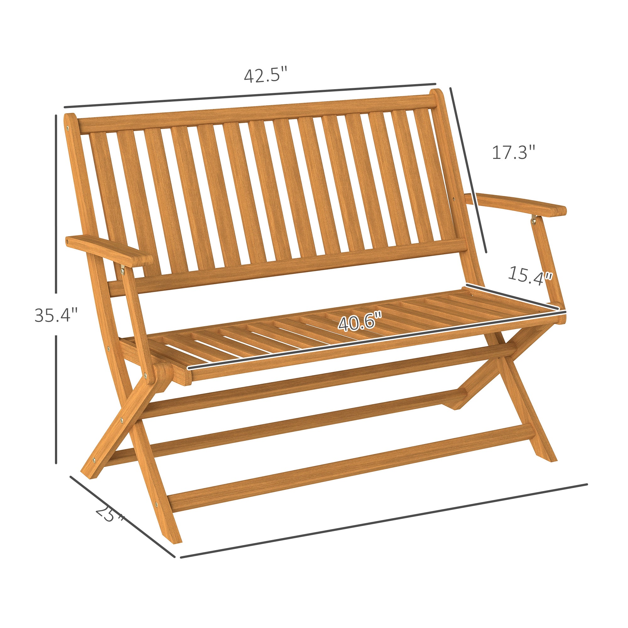 2-Person Foldable Wood Outdoor Bench with Backrest and Armrests for Garden, Porch, Park, Balcony, Teak