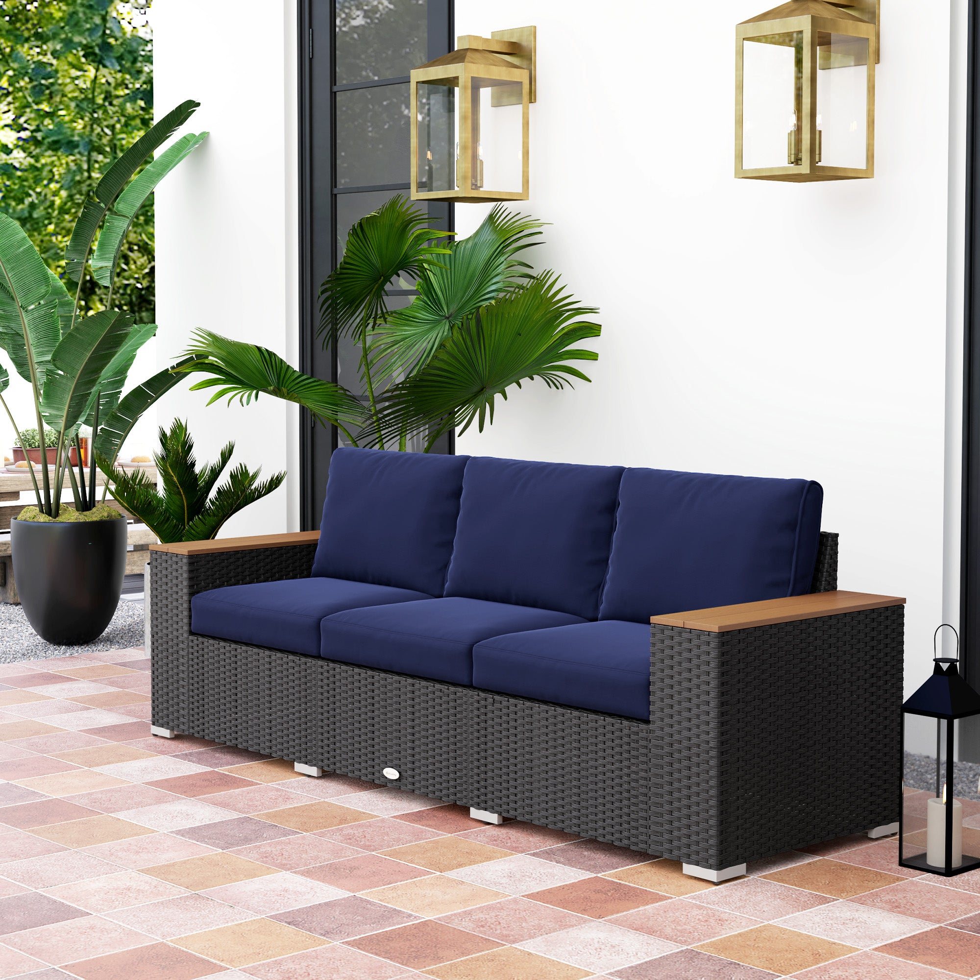 3-Seat Outdoor Patio Sofa, PE Wicker Outdoor Couch with  Extra Wide Deep Seat, Wide Armrests 4" Cushions