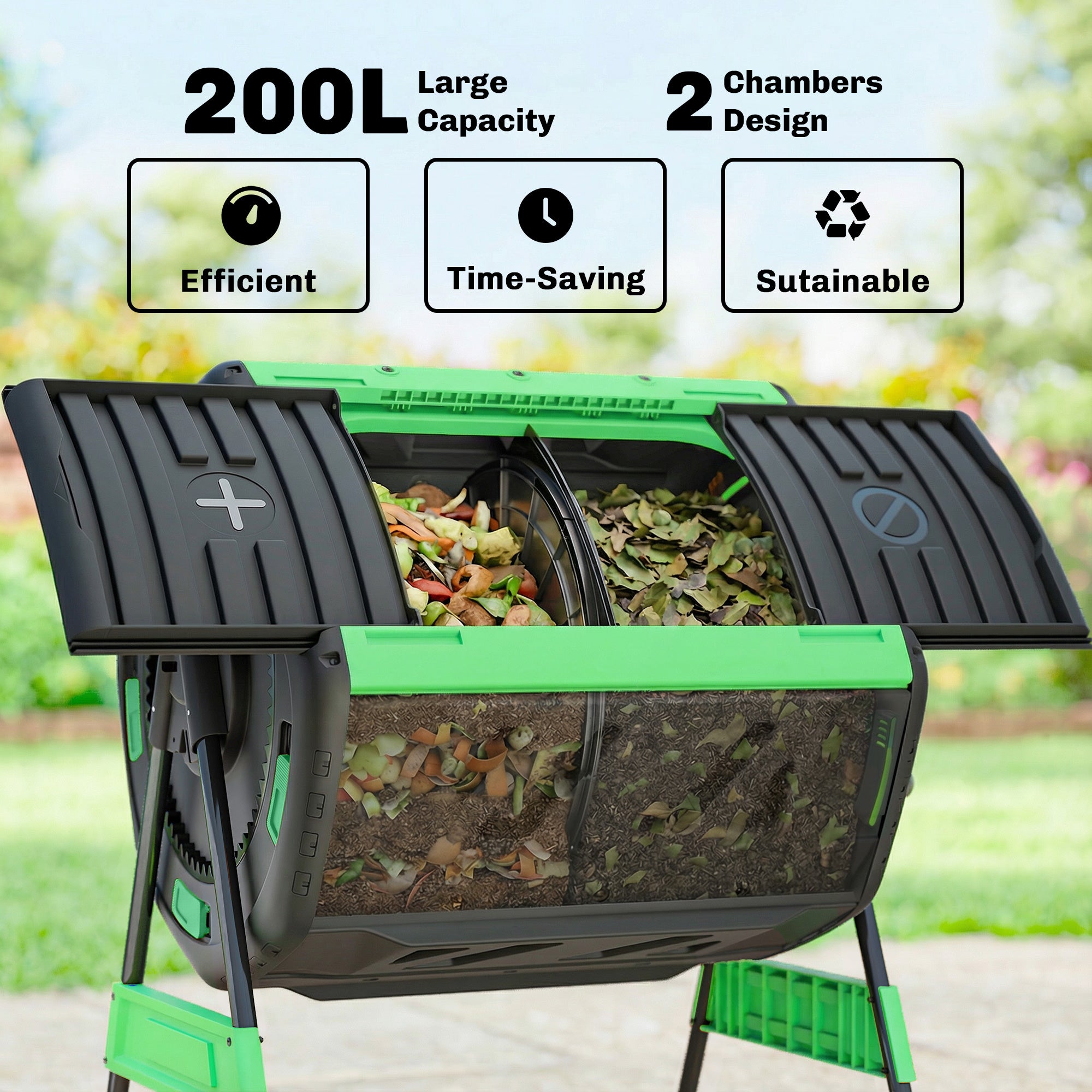 Compost Bin Outdoor, 53 Gal Dual Chamber Tumbling Composter with Adjustable Vents, BPA Free Tumbling Composter