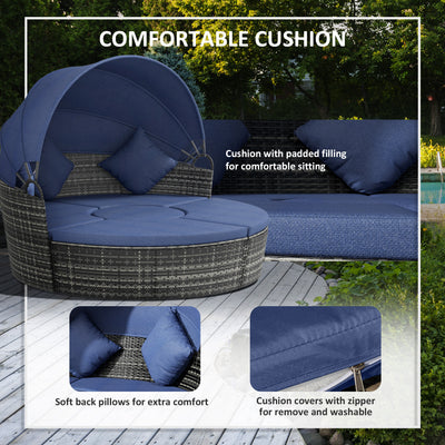 4-Piece Round Convertible Daybed with Cushions, Outdoor PE Rattan Patio Wicker Sofa Set, Sunbed with Adjustable Sun Canopy, Sectional Sofa, 2 Chairs, Table, 3 Pillows