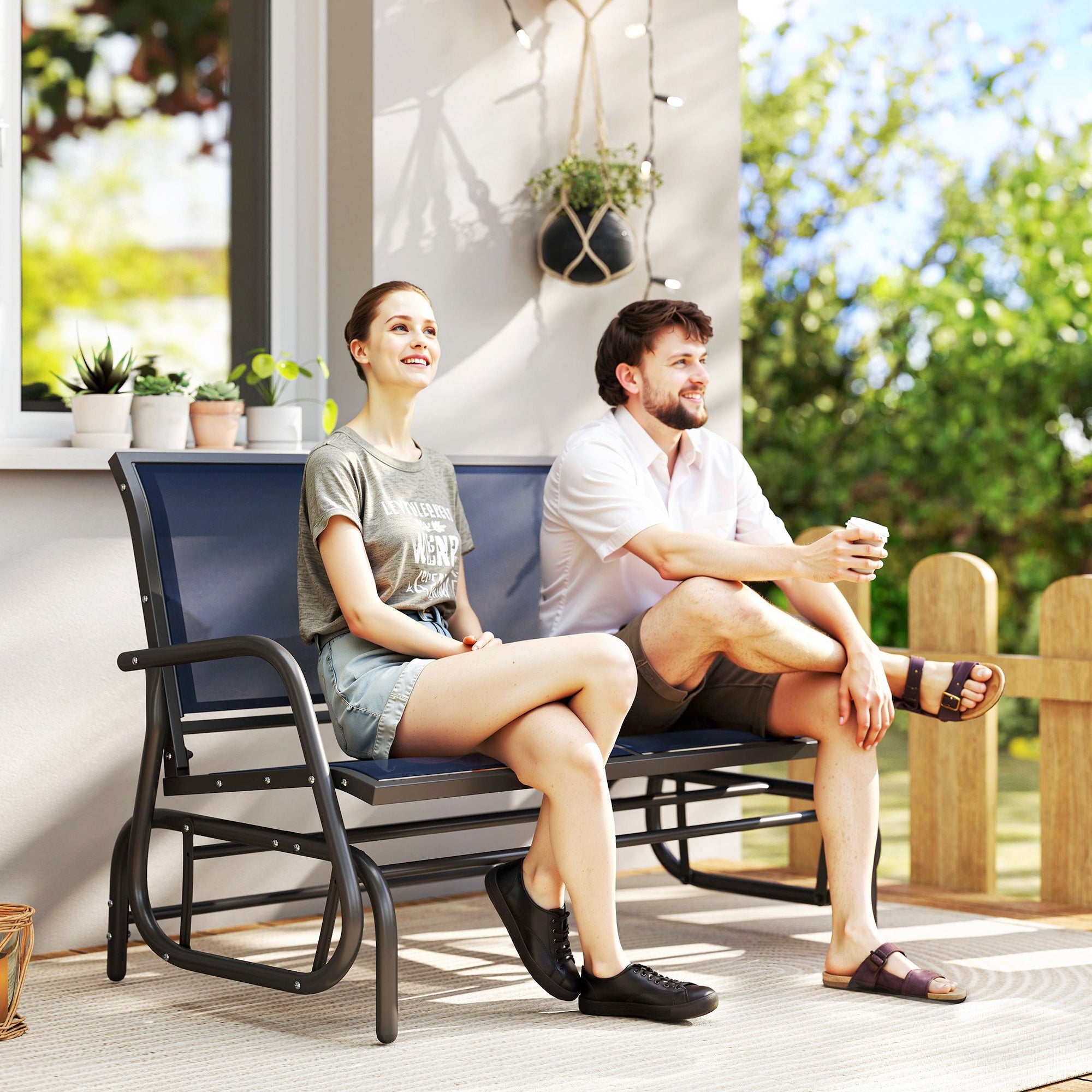 2-Person Outdoor Glider Bench, Patio Double Swing Rocking Chair Loveseat with  Steel Frame, Dark Blue