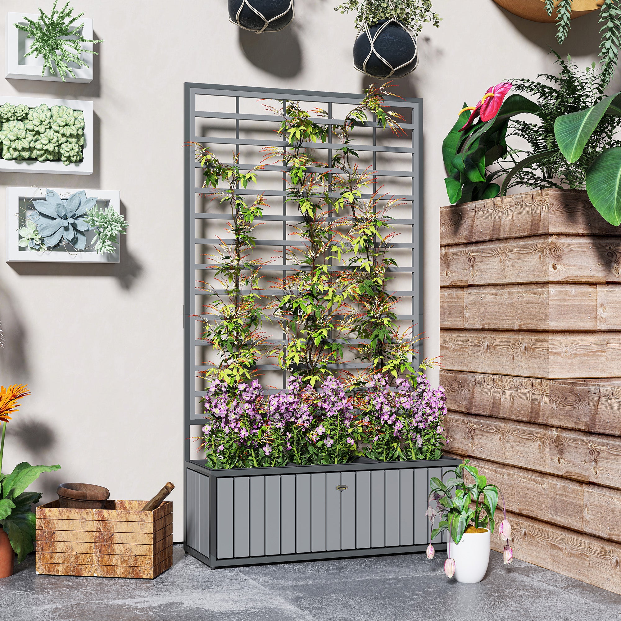 Wooden Raised Garden Bed with Trellis, Removable Pots for Backyard, Patio, Balcony, 29" x 11" x 52"