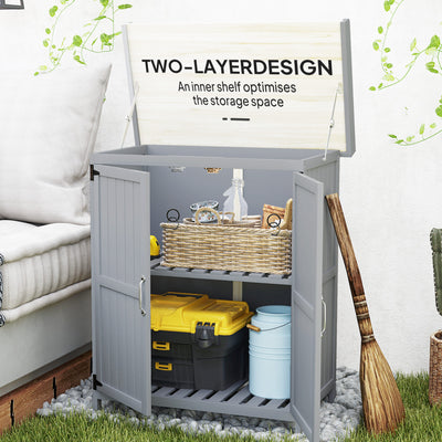 Outdoor Storage Cabinet, Garden Tool Shed with Metal Tabletop and Shelf, Wooden Potting Bench with 2 Doors