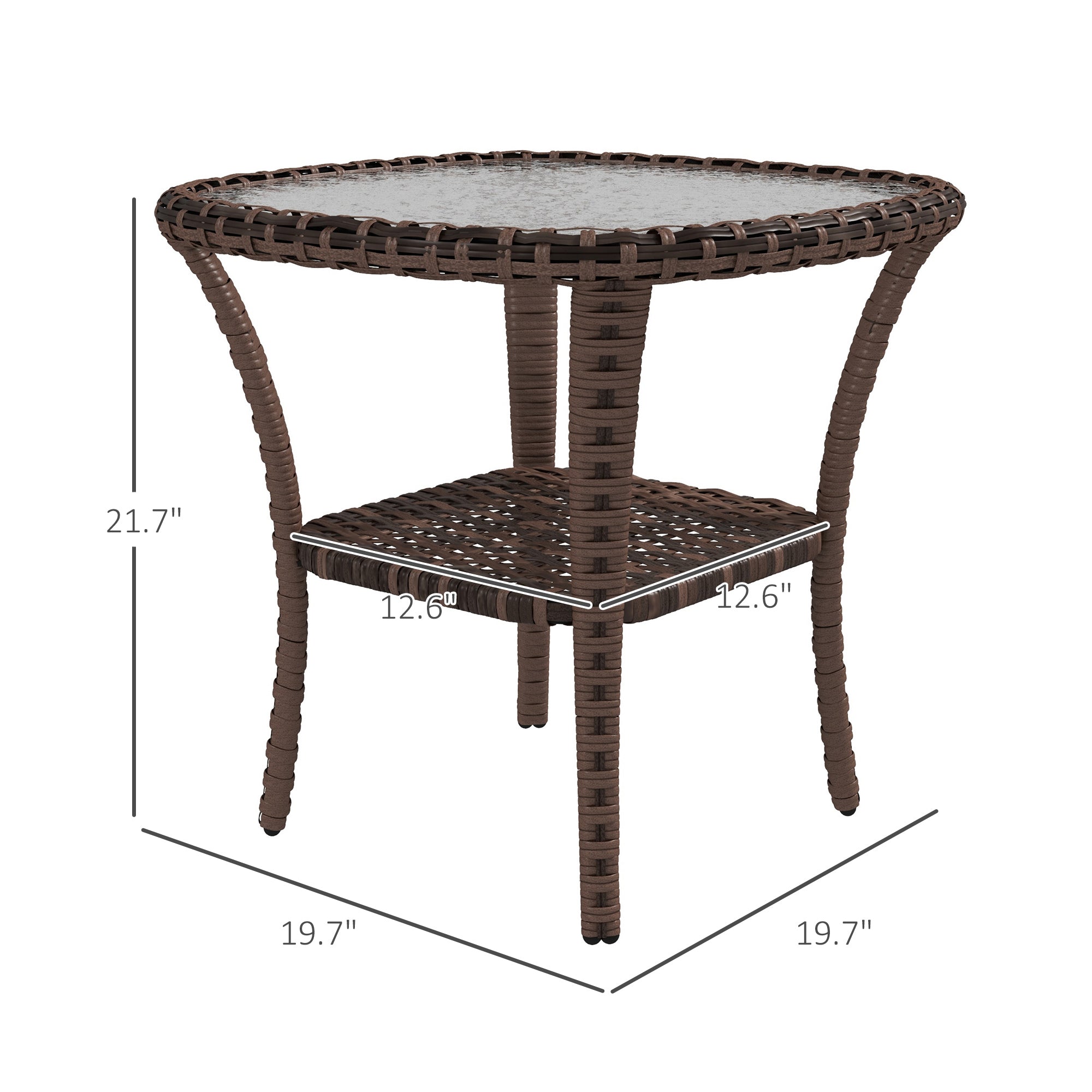 Outdoor Coffee Table with Storage Shelf, Hand-Woven Wicker Side Table with Water-Ripple Glass Top