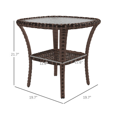 Outdoor Coffee Table with Storage Shelf, Hand-Woven Wicker Side Table with Water-Ripple Glass Top