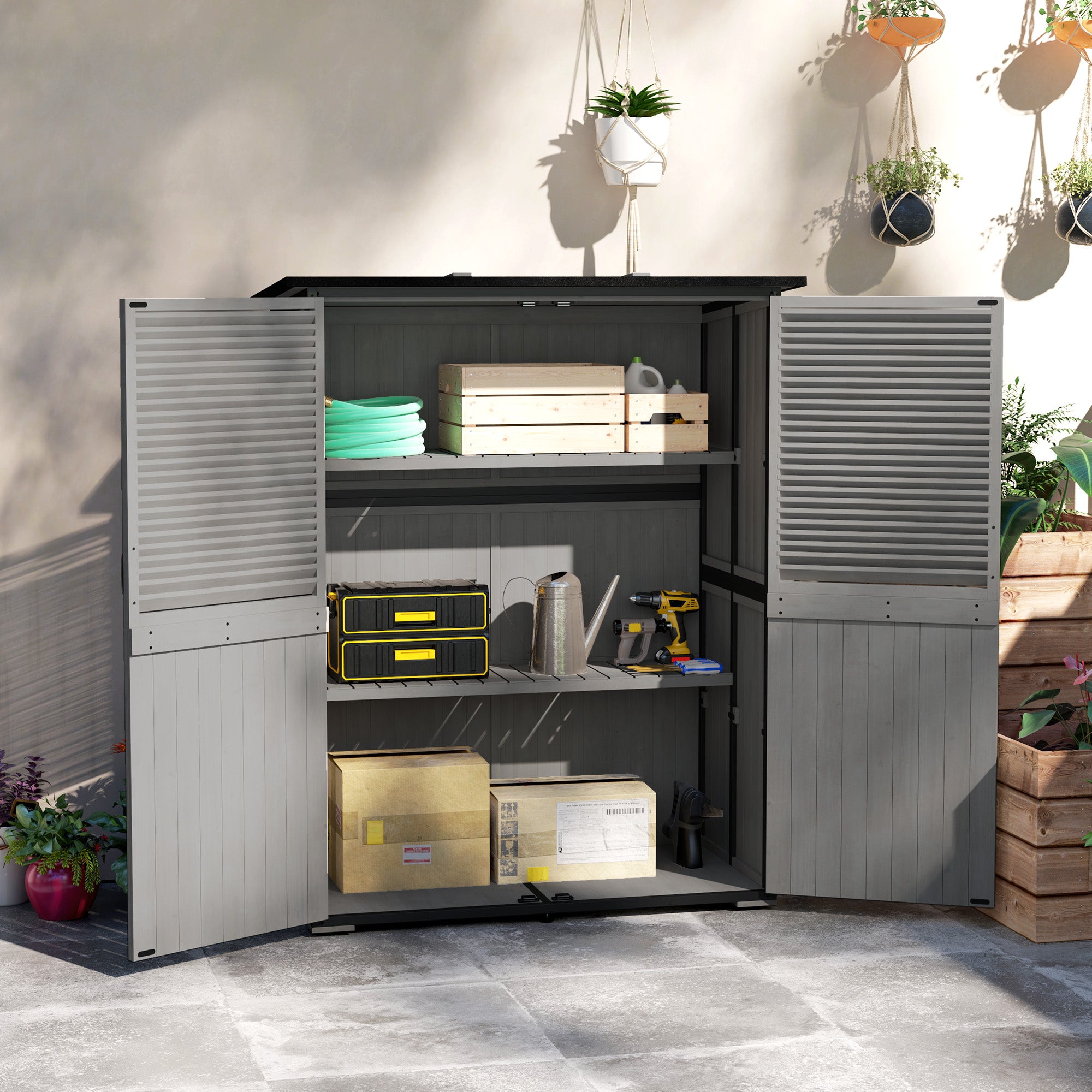 Wood Storage Shed, Outdoor Garden Shed with Asphalt Roof, 2 Shelves, Lockable Doors and Adjustable Feet