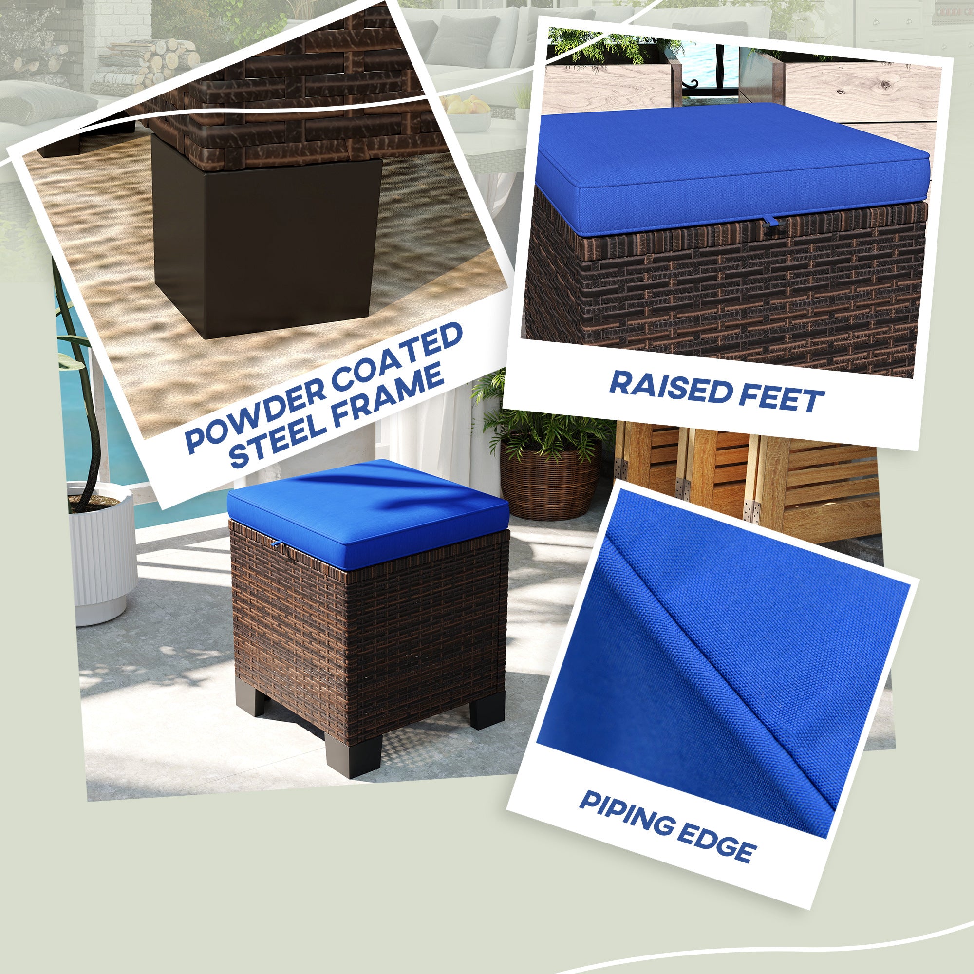 2 Piece Wicker Outdoor Ottomans with Cushions, Rattan Ottoman Footrest and Side Table for Patio, Yard, Poolside