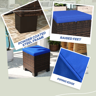 2 Piece Wicker Outdoor Ottomans with Cushions, Rattan Ottoman Footrest and Side Table for Patio, Yard, Poolside