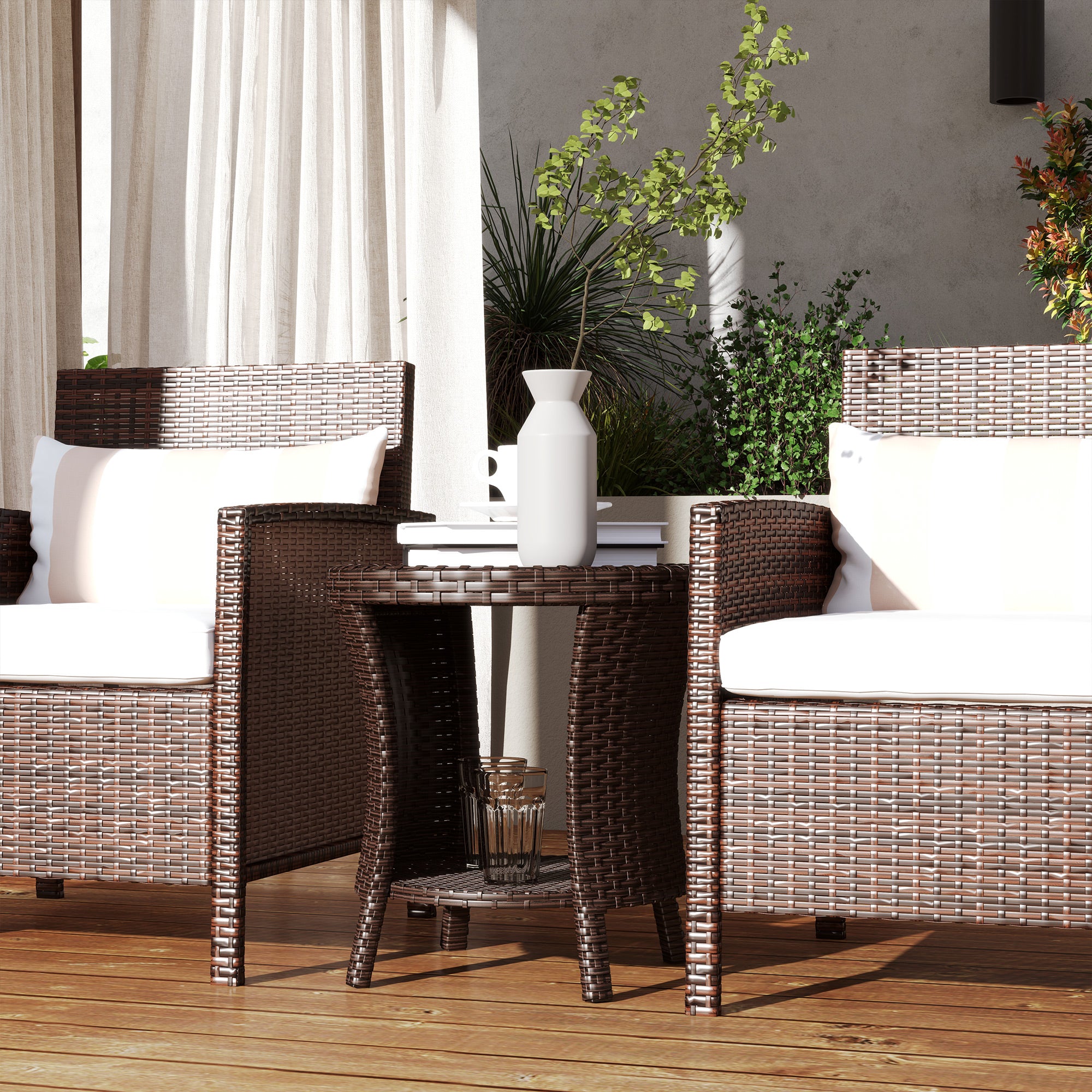 18" Wicker Outdoor Coffee Table, PE Rattan Patio Side Table with 2-Tier Storage, Composite Wood Top