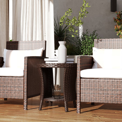18" Wicker Outdoor Coffee Table, PE Rattan Patio Side Table with 2-Tier Storage, Composite Wood Top