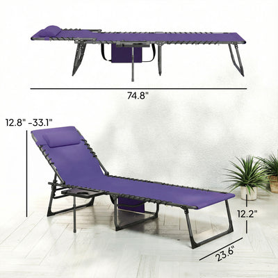 Folding Outdoor Chaise Lounge Chair Tanning Chair with 5-Level Adjustable Back, Side Table, Pillow, Pocket