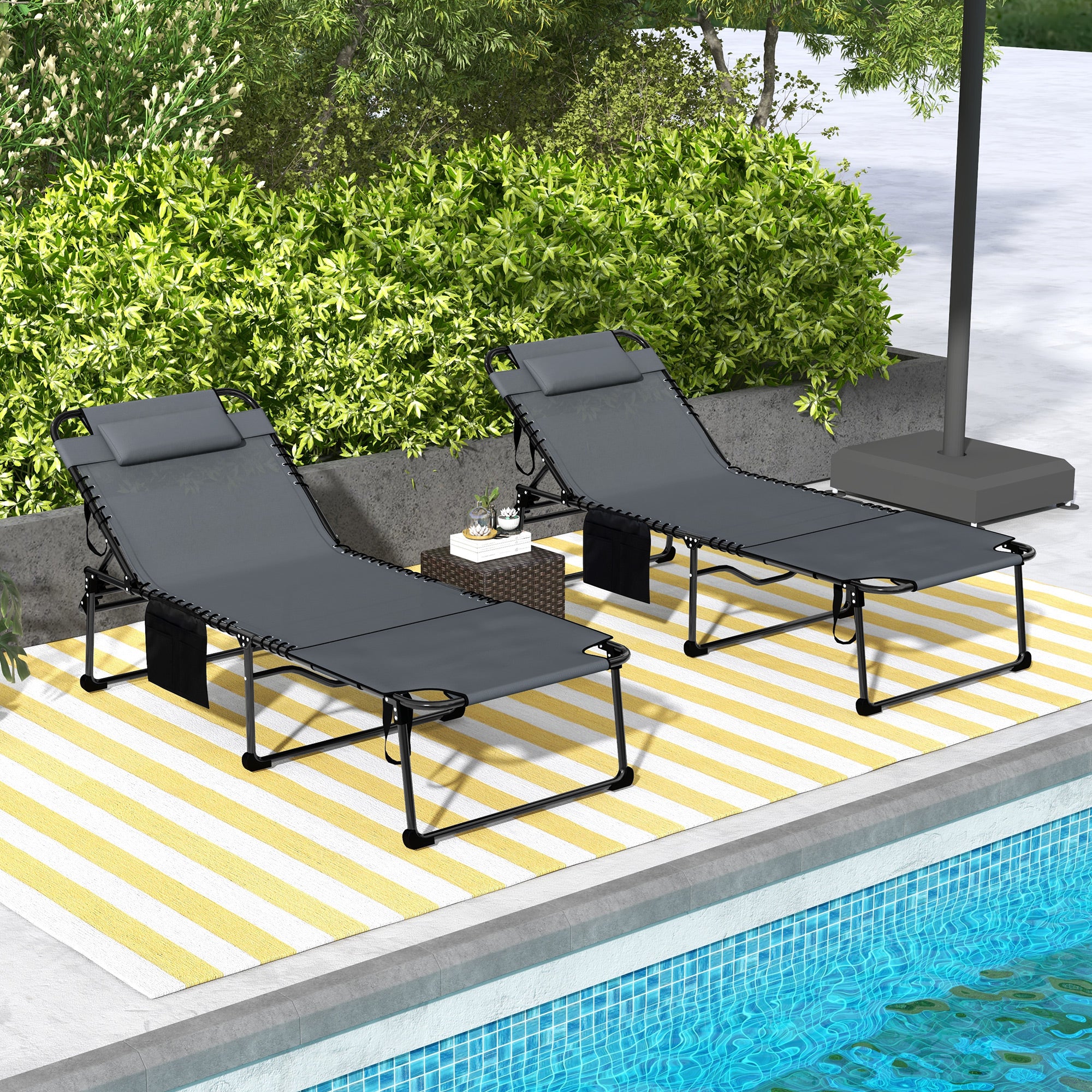 2 Piece Folding Chaise Lounge Pool Chairs with 5-level Reclining Back, Reading Hole, Side Pocket