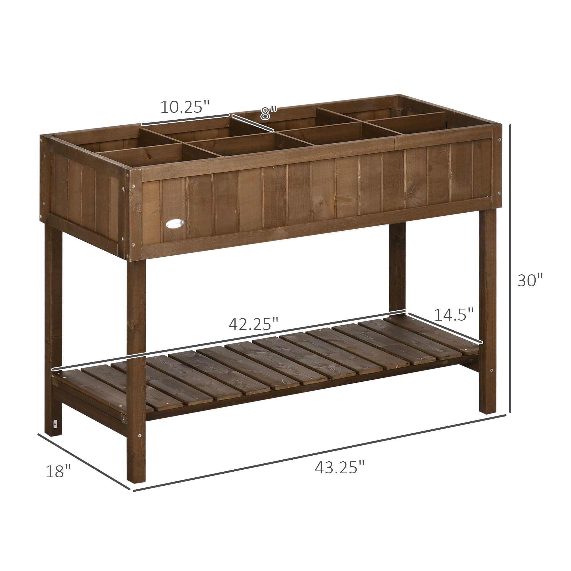 Wooden Raised Garden Bed, Elevated Planter Box Stand with 8 Slots and Open Shelf, Dark
