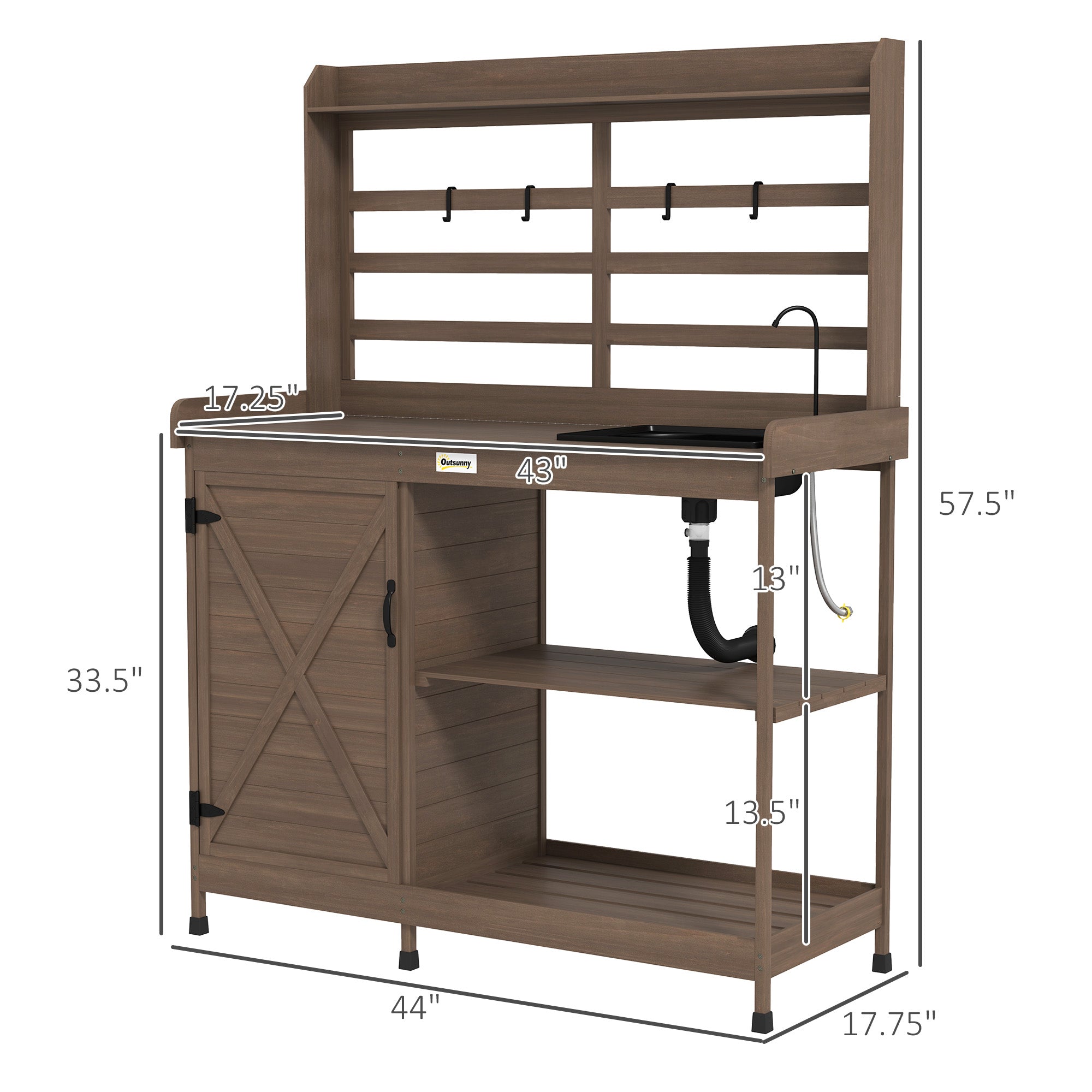 Wooden Potting Bench with Storage, Sink, Water Tap for Backyard, Patio, Balcony