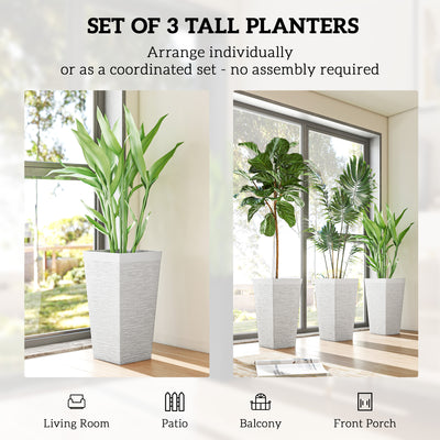 22.8 Inch Set of 3 Outdoor Planters with Stone Finish and Wheels, Stackable Tapered Planters with Drainage Hole