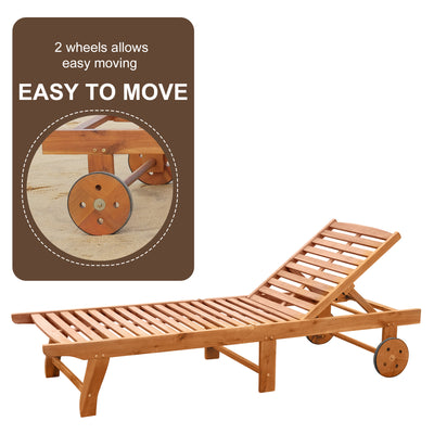 Outdoor Folding Chaise Lounge Chair Recliner with Wheels, Acacia Wood Frame - Teak Color