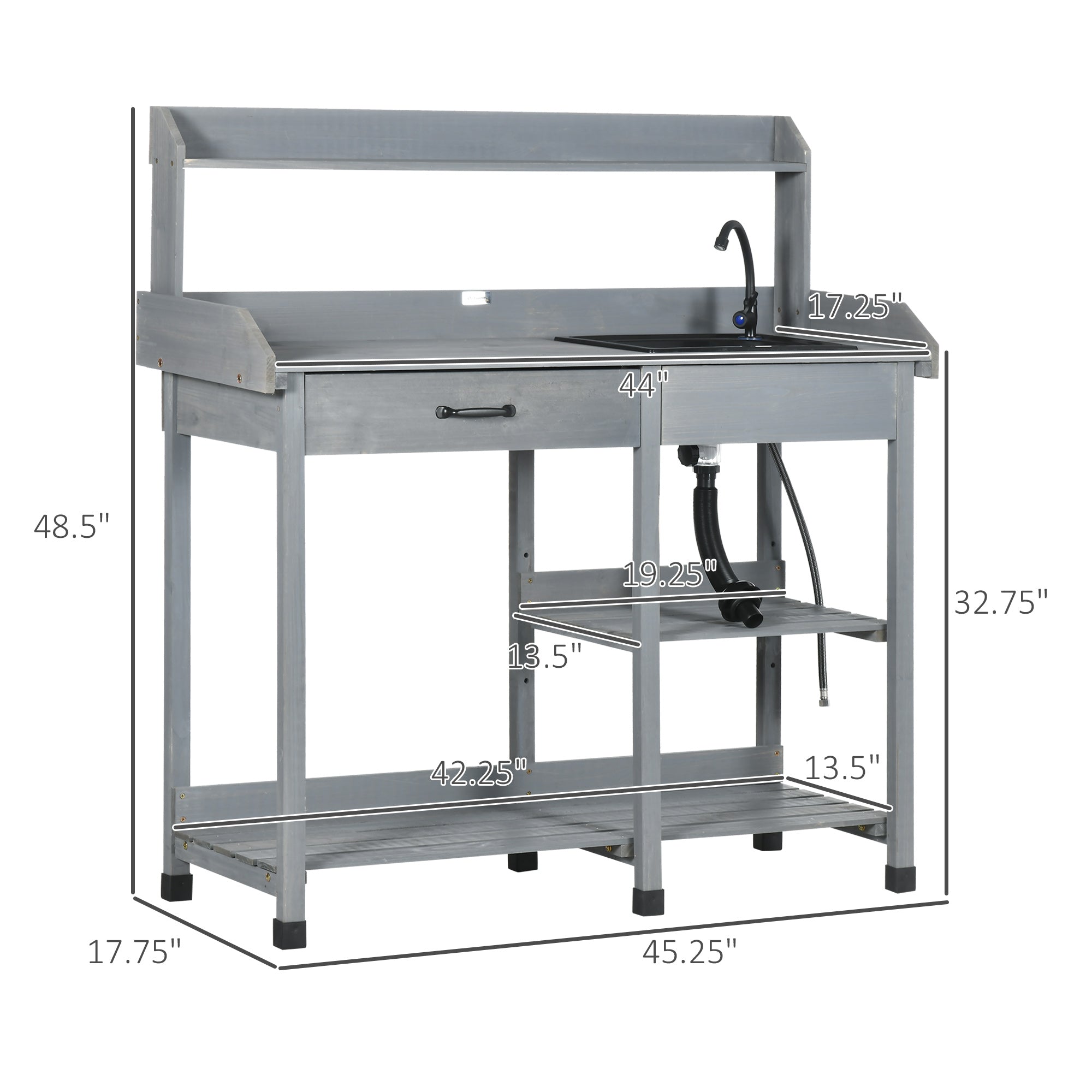 Potting Bench Table, Outdoor Garden Table Wooden Work Station with Removable Sink, Faucet, Drawer, Shelves, Hooks