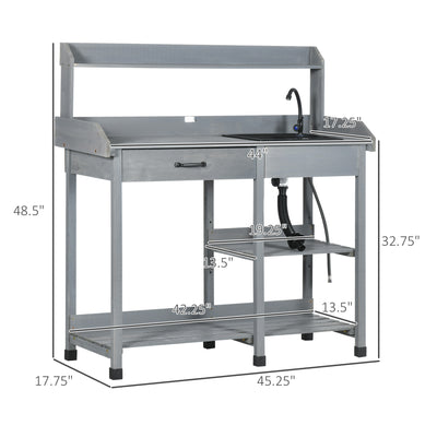 Potting Bench Table, Outdoor Garden Table Wooden Work Station with Removable Sink, Faucet, Drawer, Shelves, Hooks
