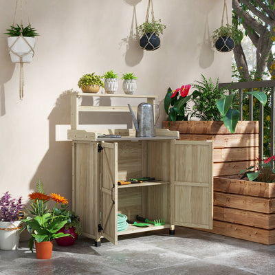 Outdoor Wooden Potting Bench with Storage Cabinet, Shelves, Galvanized Plated Tabletop for Backyard, Balcony