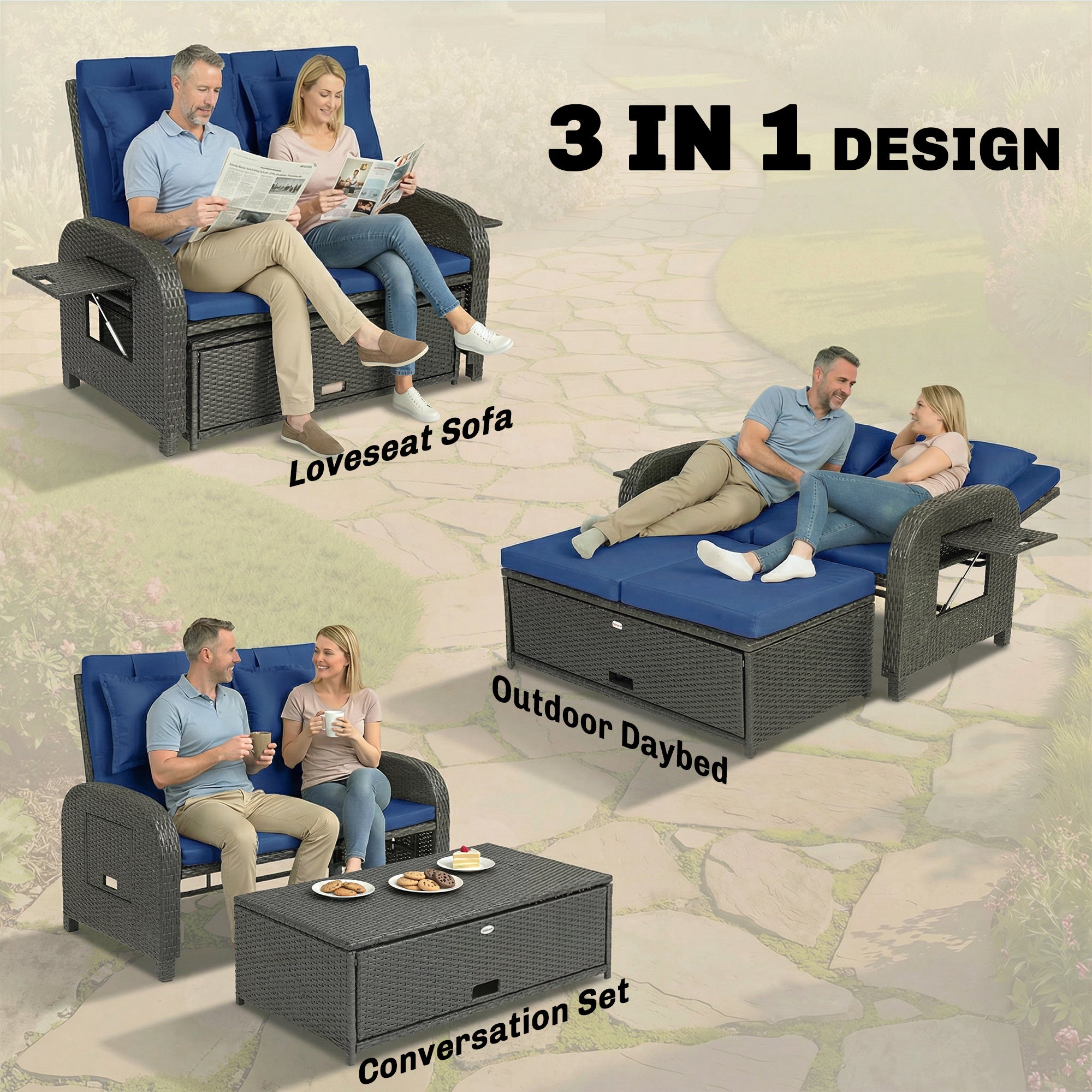 Patio Rattan Daybed, Wicker Outdoor Daybed with Storage Ottoman, Loveseat w/ Adjustable Backrest