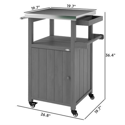 Outdoor Grill Cart w/ Stainless Steel Top, Solid Wood Outdoor Kitchen Island w/ Wheels, Integrated Hole