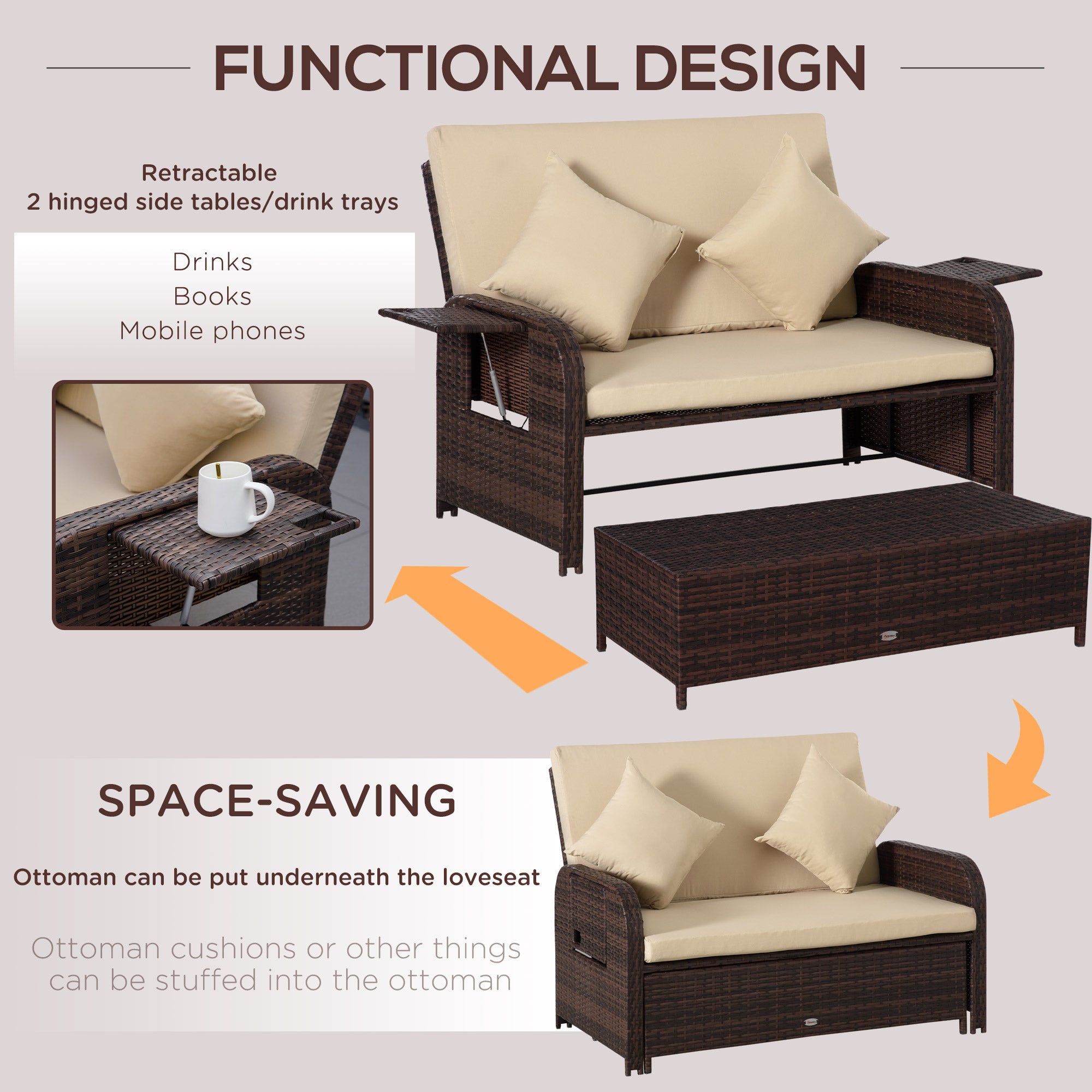 Patio Rattan Daybed with Cushions, Wicker Outdoor Bed Lounger w/ Loveseat, Storage Ottoman, Coffee & Side Tables, for Poolside, Porch, Backyard, Beige