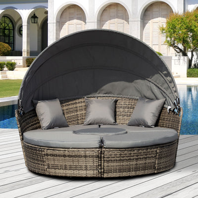4-Piece Round Convertible Daybed with Cushions, Outdoor PE Rattan Patio Wicker Sofa Set, Sunbed with Adjustable Sun Canopy, Sectional Sofa, 2 Chairs, Table, 3 Pillows, Dark Gray