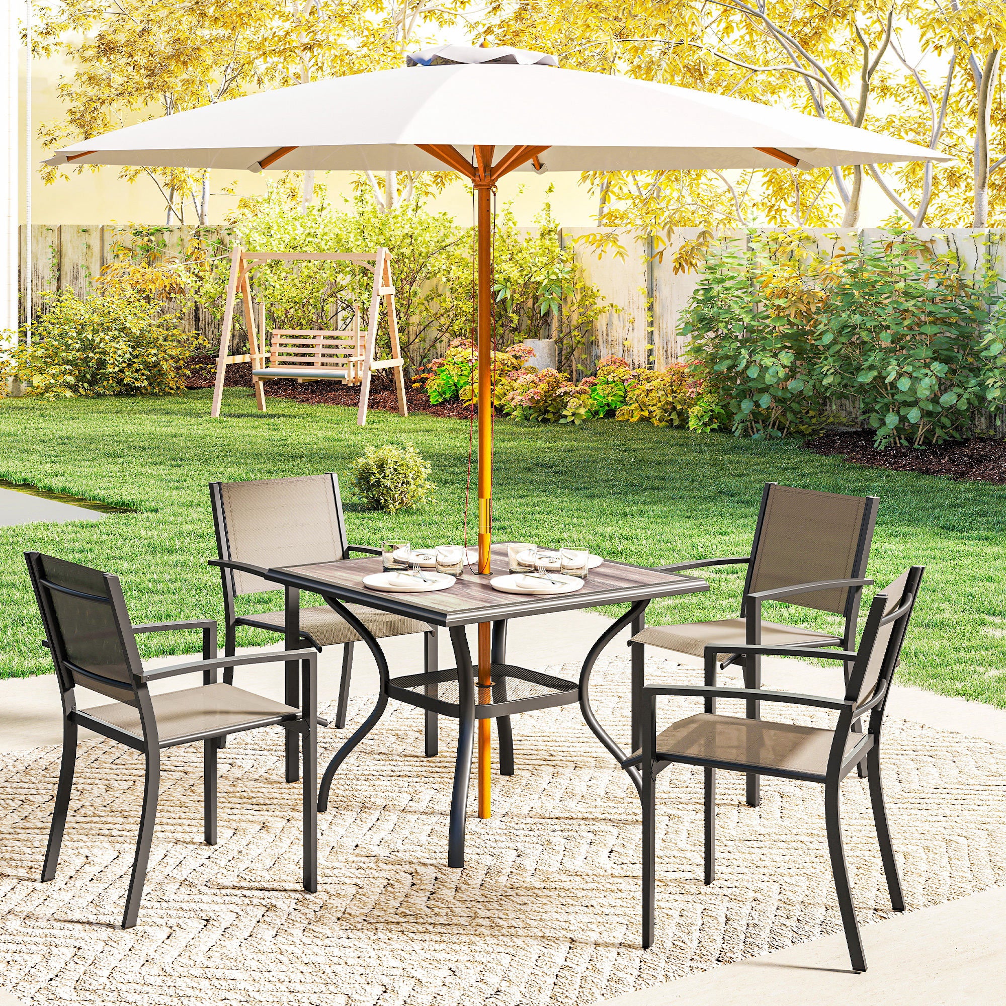 37" Square Outdoor Dining Table for 4, Patio Table with Umbrella Hole, Shelf, Faux Wood Top for Garden, Backyard, Gray