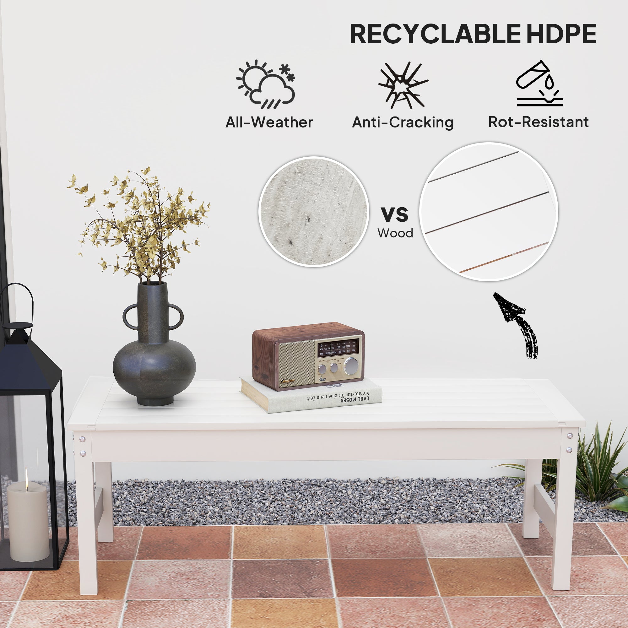 47" Outdoor Bench Seat, HDPE All-Weather Garden Bench, Backless Slatted Patio Bench for Yard, Porch, Park, White