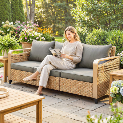 Rattan Wicker Sofa 3-Seater Outdoor Patio Sofa with Cushions for Garden Backyard Porch