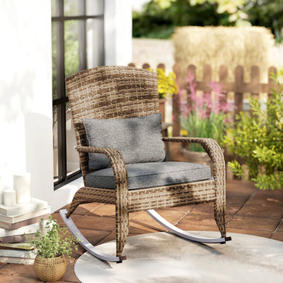 Adirondack Chair, Outdoor Wicker Rocking Chair with High Back, Seat Cushion, and Pillow for Porch, Balcony