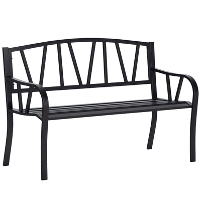 50" Outdoor Bench, Metal Garden Bench with V-Shaped Pattern Backrest, Porch Bench with Slatted Seat for Park, Yard, Lawn, Black