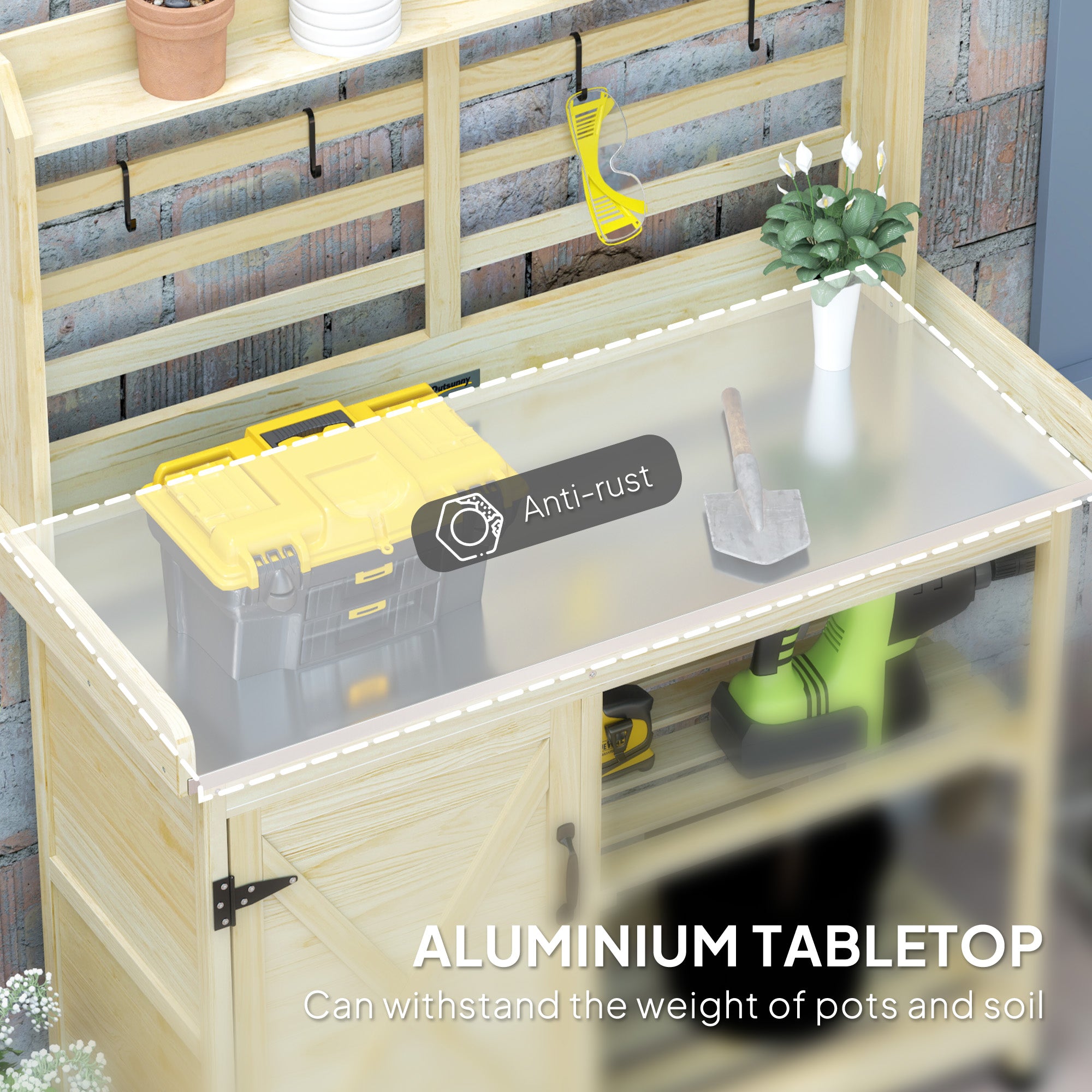 Wooden Potting Bench with Storage, Aluminum Tabletop for Backyard, Patio, Balcony