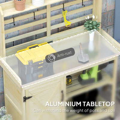 Wooden Potting Bench with Storage, Aluminum Tabletop for Backyard, Patio, Balcony
