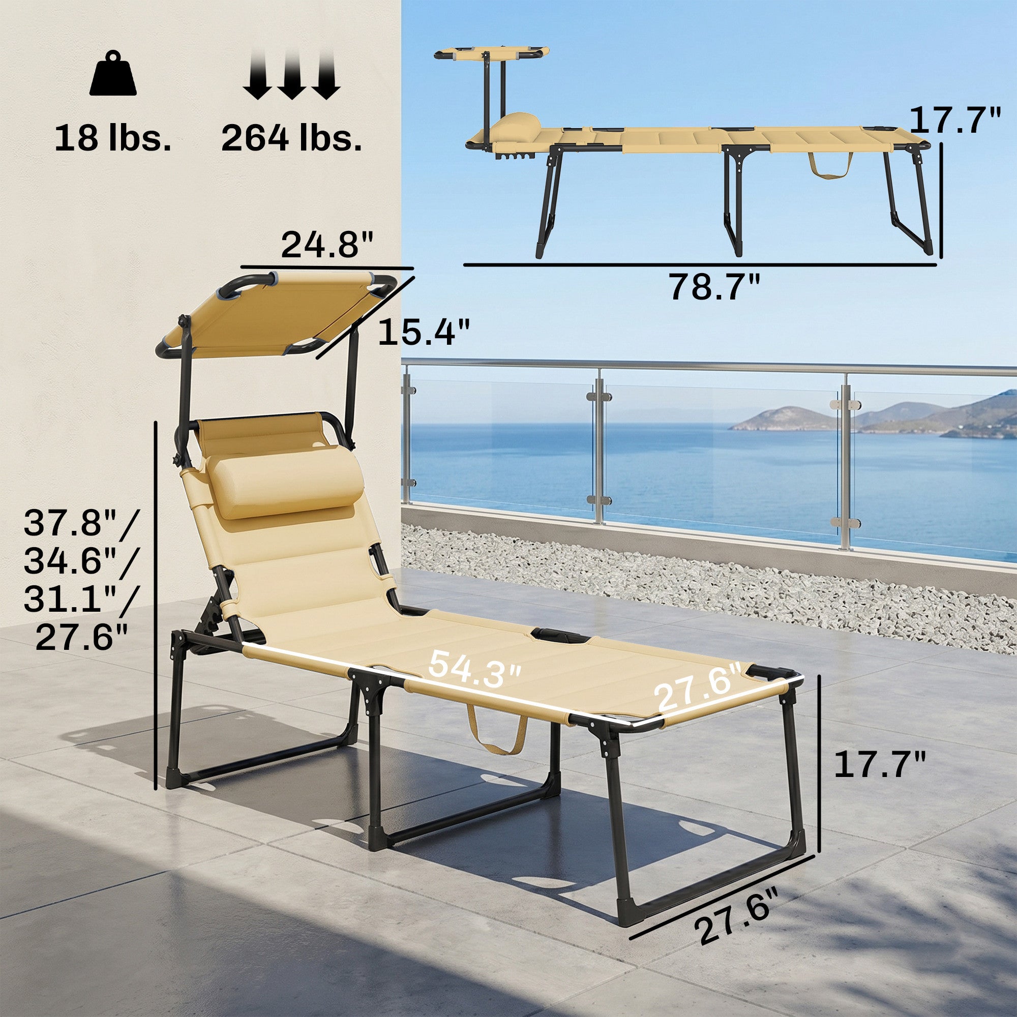 Outdoor Lounge Chair, 4 Position Adjustable Backrest, Folding, Cushioned w/ Sun Shade Roof & Pillow