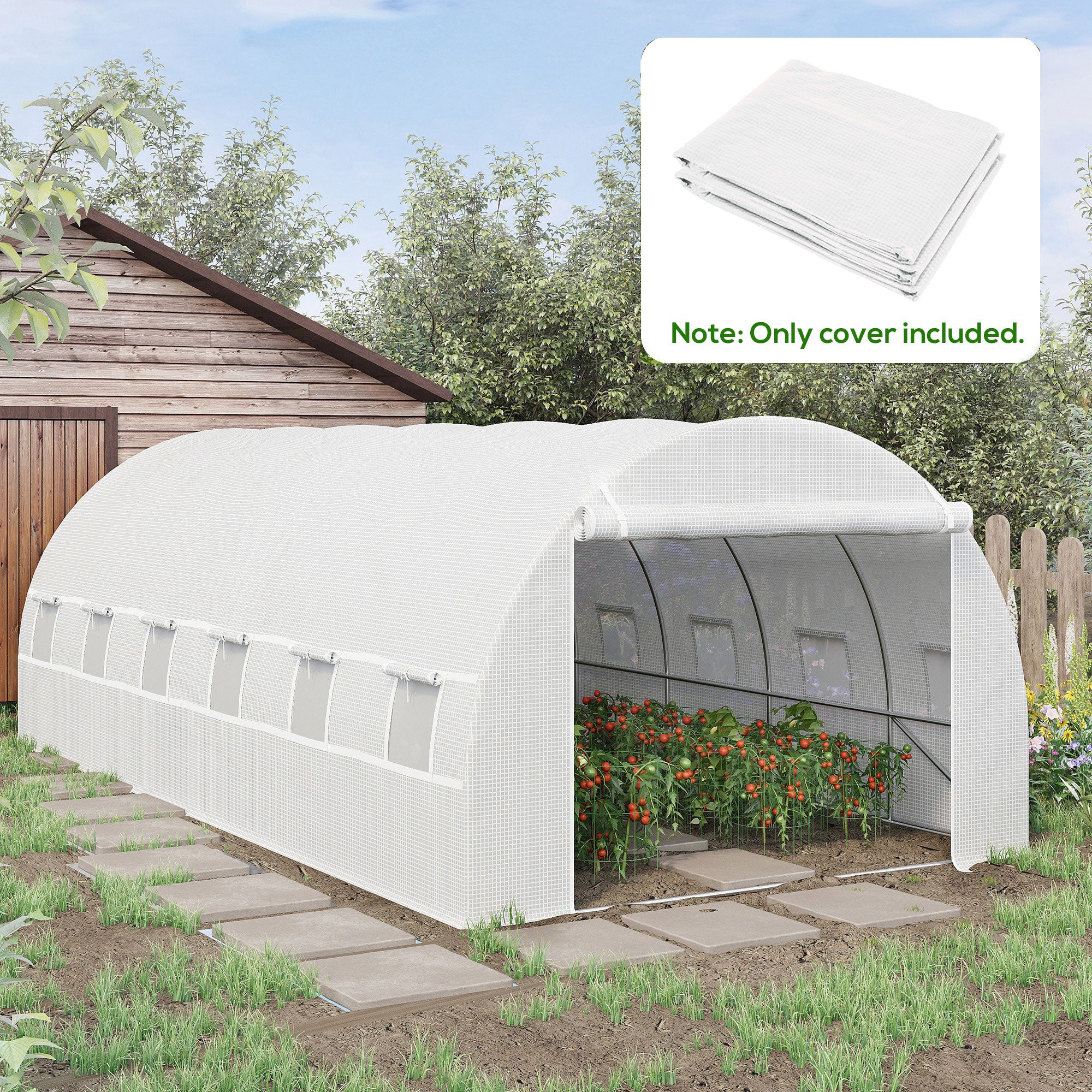 19.7' x 9.8' x 6.6' Plastic Greenhouse Cover Replacement, Heavy Duty Waterproof Tarp for Hoop House, Sheeting with 12 Windows, Door & Reinforcement Grid