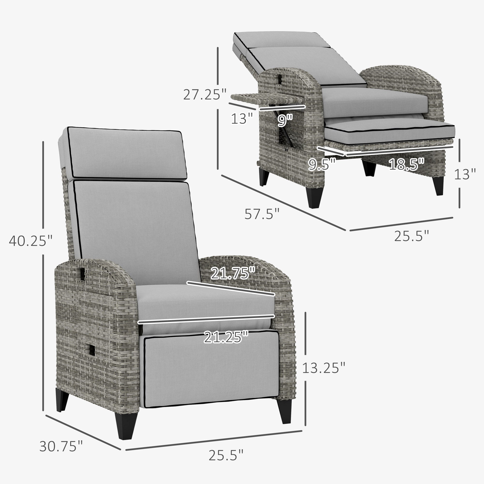 Outdoor Recliner Chair with Cushions, Reclining Patio Lounge Chair with Adjustable Footrest, Armrests, Tray Table
