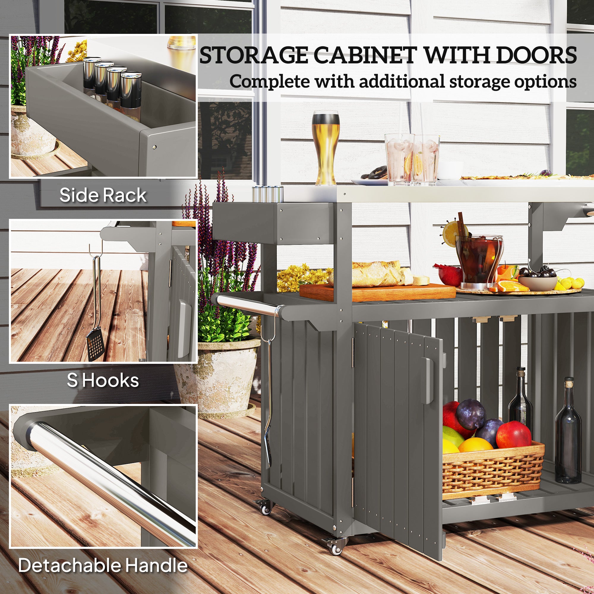 Outdoor Bar Cart with Storage, Stainless Steel Outdoor Bar Table Top, Wheeled HDPE Kitchen Island for Food Prep