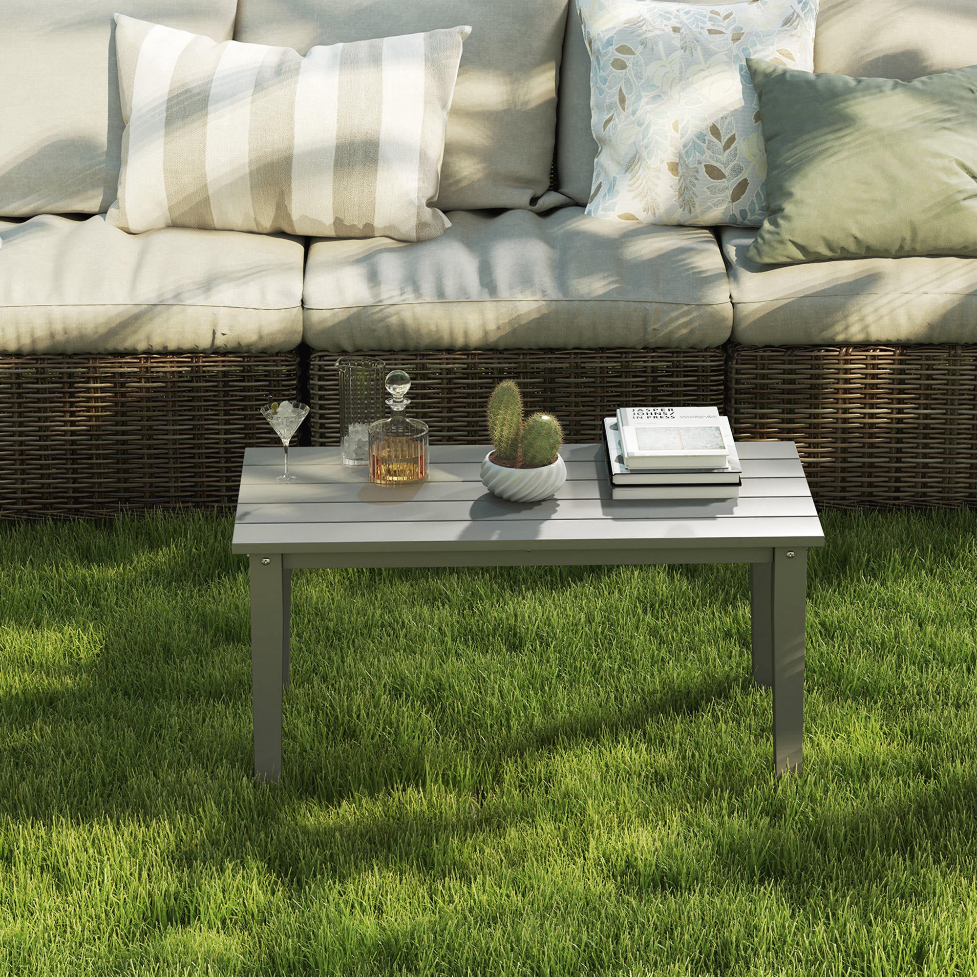 Rectangle Outdoor Coffee Table, HDPE All-Weather Outdoor Patio Table with Slatted Tabletop for Yard, Balcony