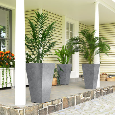 28" Tall Planters, Set of 3 Plastic Flower Pots with Marble Finish and Drainage Holes, Stackable Taper Planters
