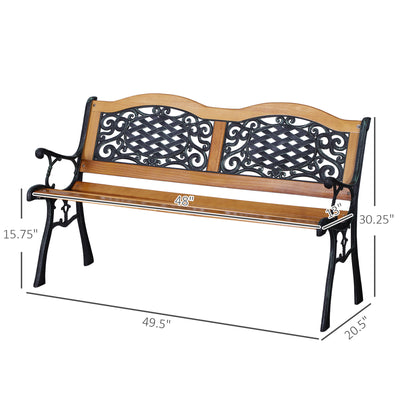 50" Outdoor Garden Bench, Park Patio Bench Loveseat, Wood & Metal Frame with Plastic Flourish Backrest, Natural Wood